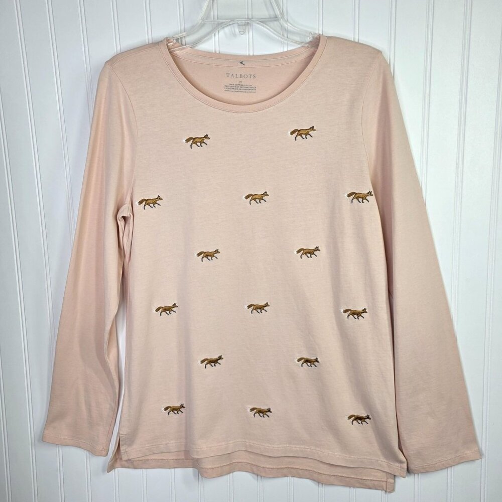 Talbots Shirt Womens Medium Pink Fox Embroidered Graphic Cotton Top Fox Hunt - Picture 2 of 12